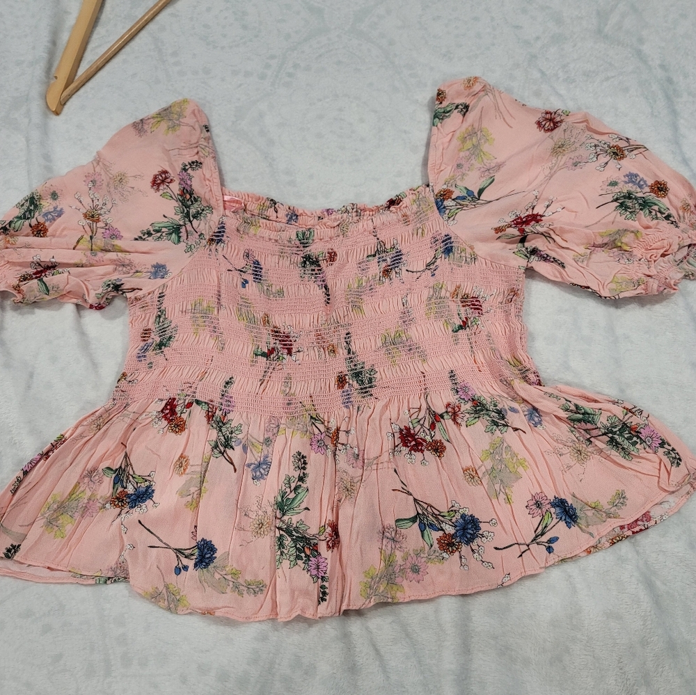 Scoop Womens Top XXL(20) Floral Off The Shoulder Scoop Neck Short Sleeve Pullove